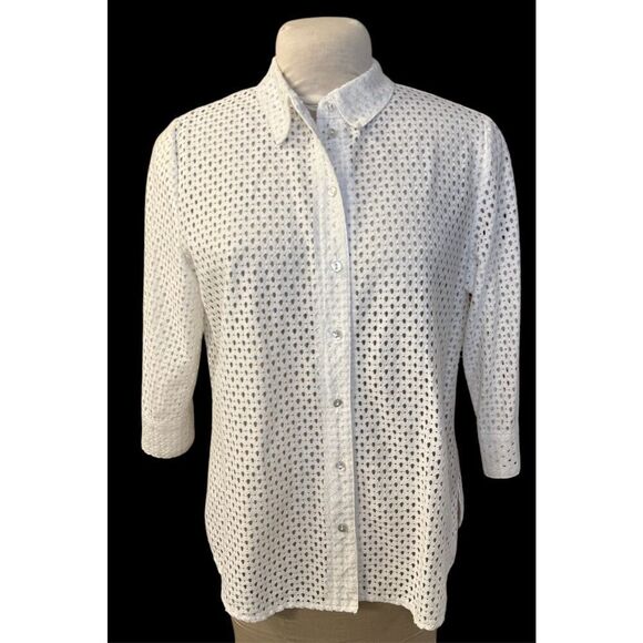 Allison Daley White Eyelet Blouse 3/4 Slv Sz. M Spring Summer Crisp Packable - Picture 2 of 10